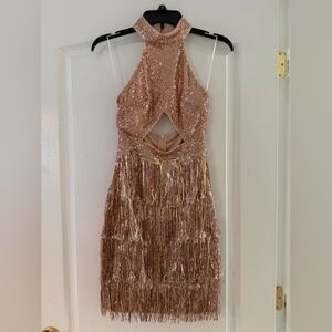 Sequin Halter Dress with Fringe